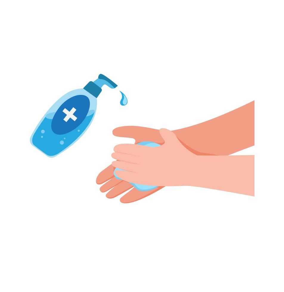 hand wassen met antibacteriële handdesinfecterend middel, desinfectiegel symbool in cartoon vlakke afbeelding vector geïsoleerd op witte achtergrond