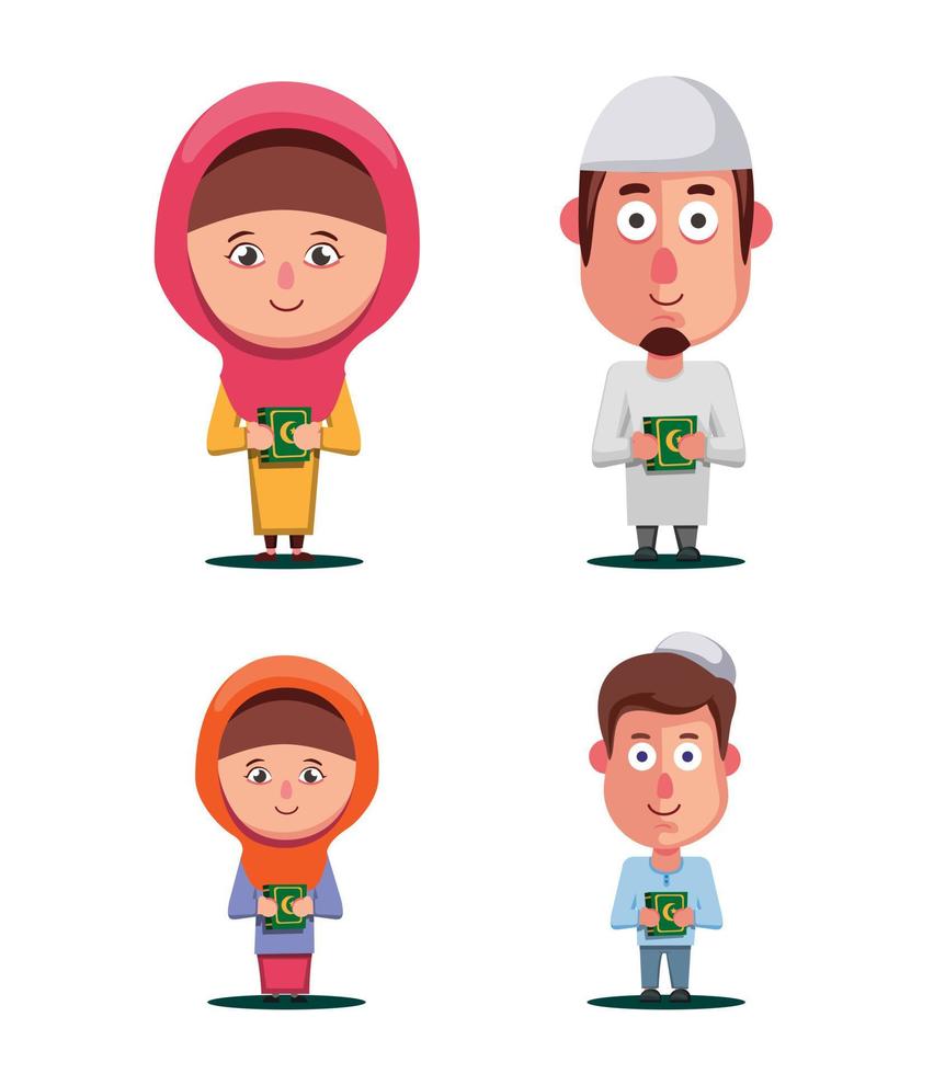 moslim familie houdt koran symboolset. concept in cartoon illustratie vector geïsoleerde witte achtergrond