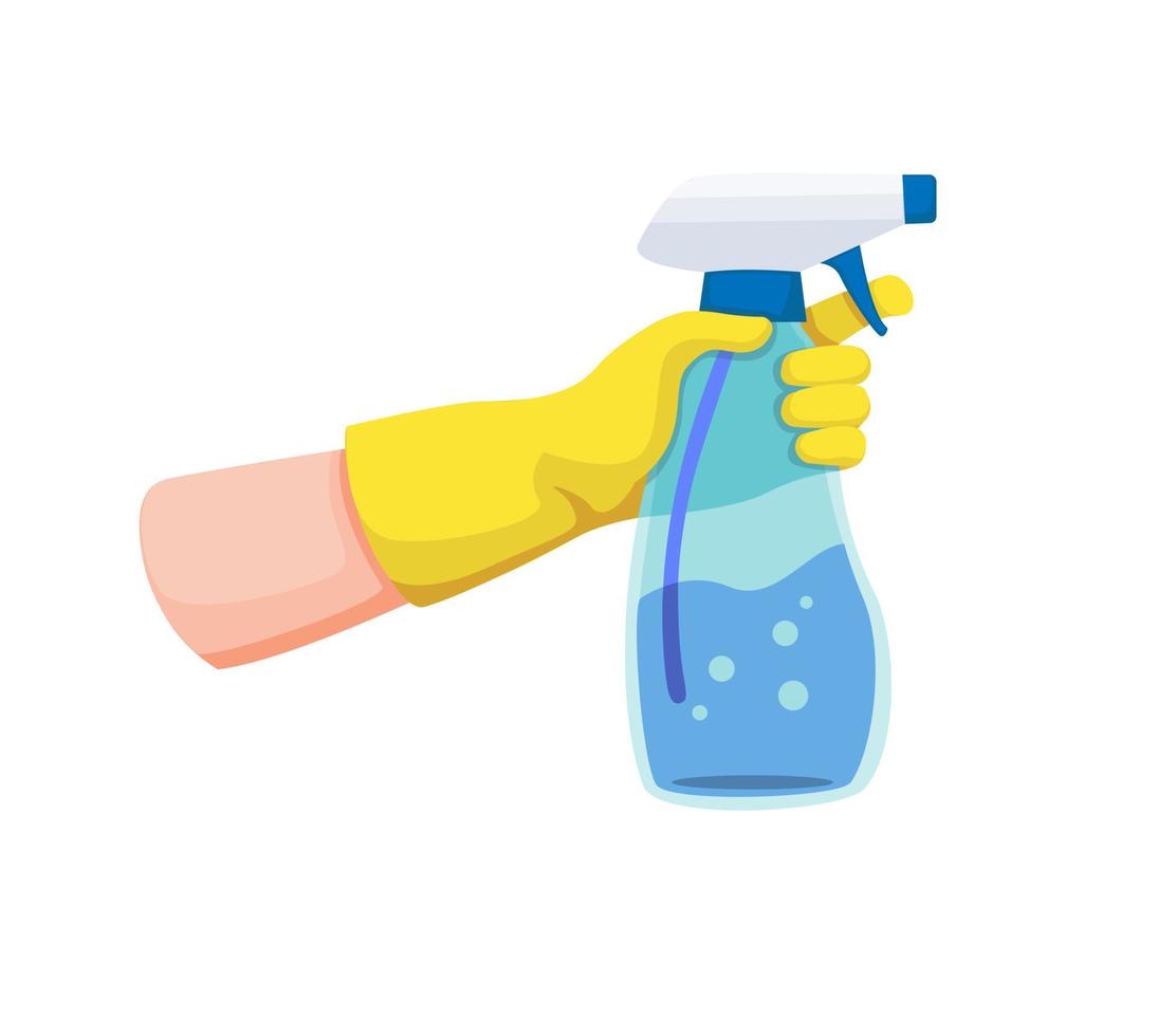 hand met gele handschoen met spray doorzichtige plastic fles voor ontsmettingsmiddel of reiniging. cartoon afbeelding op witte achtergrond vector