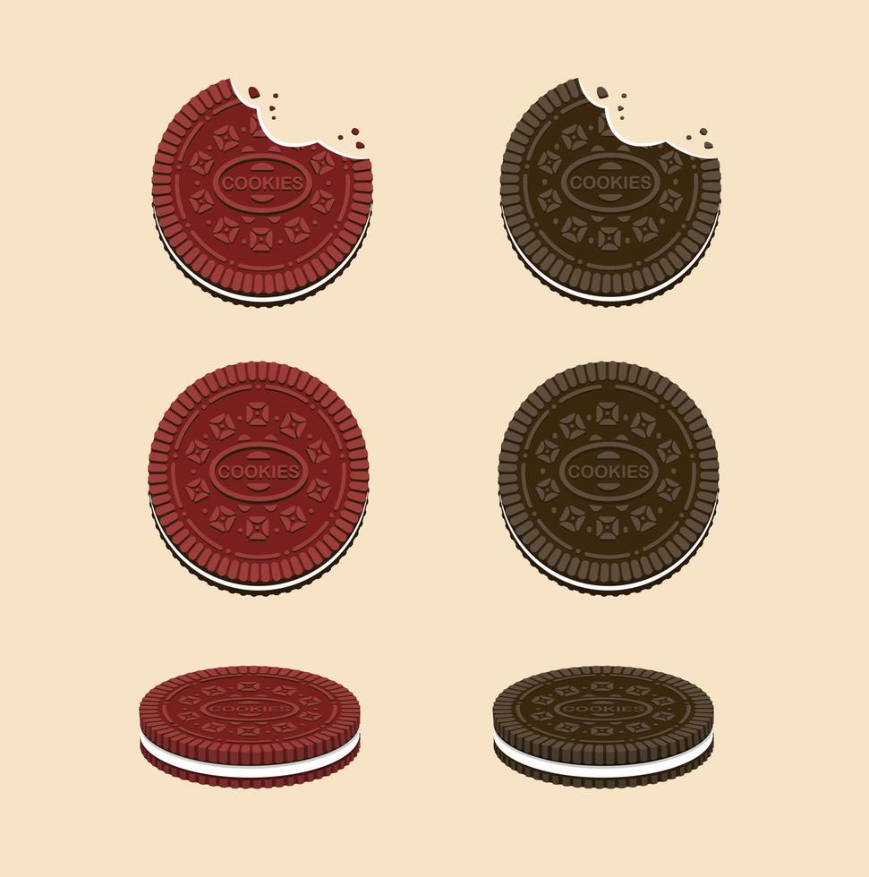 koekjes met room in chocolade en red velvet smaak. snack collectie icon set in cartoon vlakke afbeelding vector met roommelk