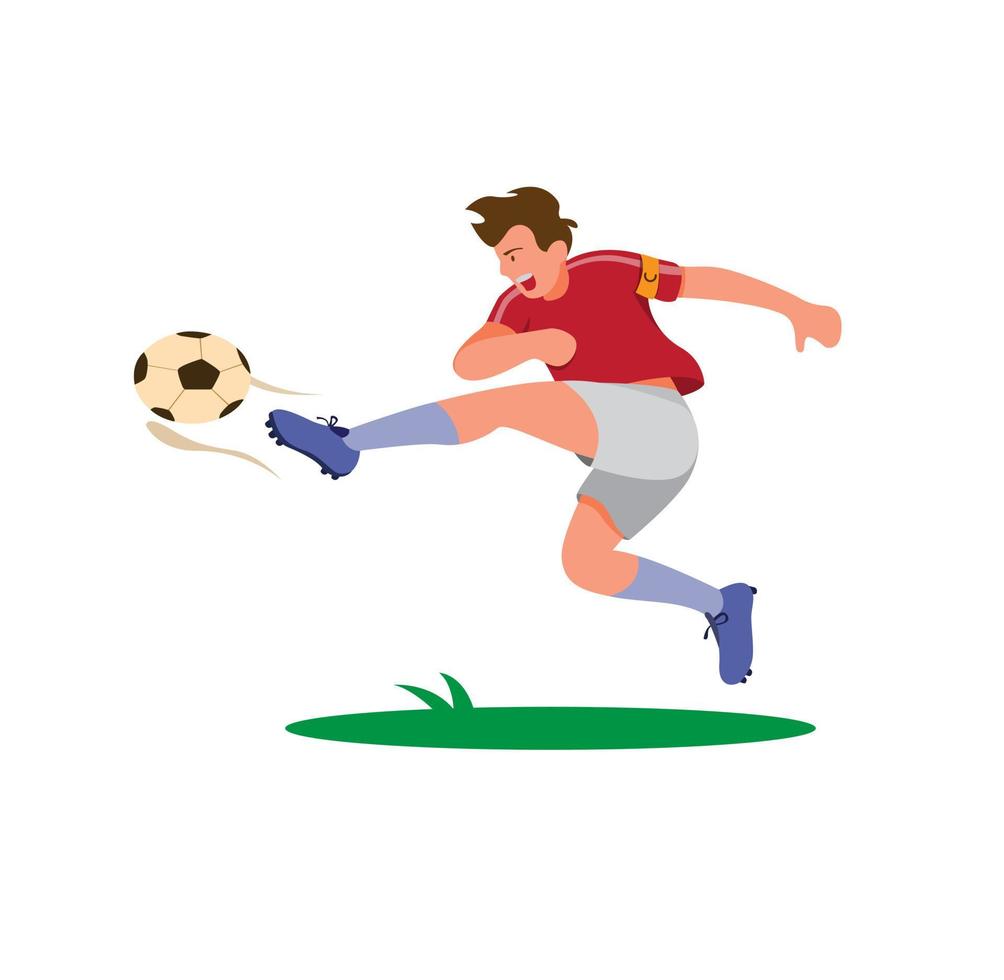 Kapitein van voetballer schoppen bal, spits schieten bal om doel cartoon vlakke afbeelding vector geïsoleerd op witte achtergrond te maken
