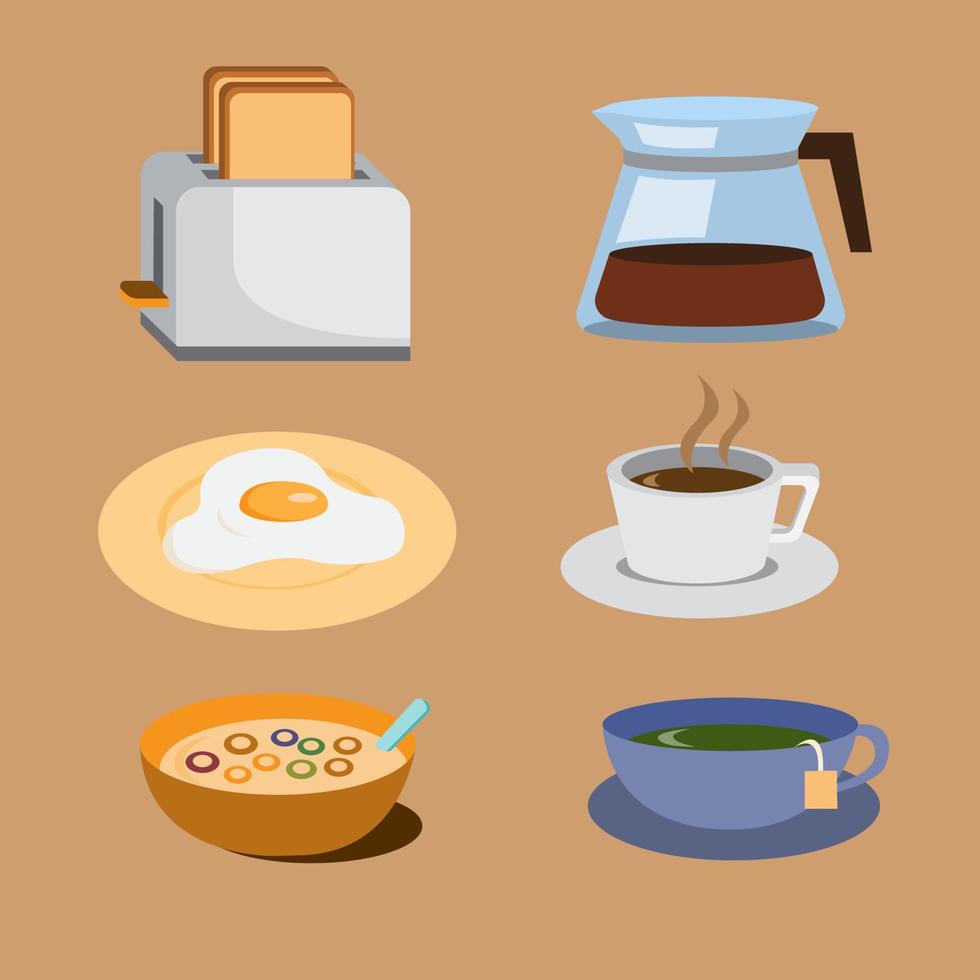 ontbijt pictogrammenset, broodrooster, koffie, ontbijtgranen, thee platte pictogram illustratie vector