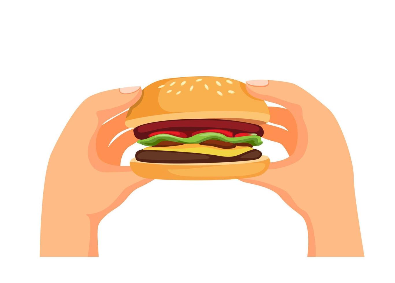 hand met verse hamburger. fast food menu symbool klaar om te eten in cartoon illustratie vector op witte achtergrond