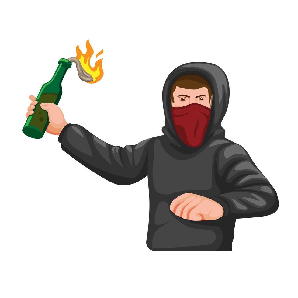 man slijtage hoodie en masker gooien molotov coctail pose figuur, hooligan anarchie symbool concept cartoon illustratie vector geïsoleerd op witte achtergrond