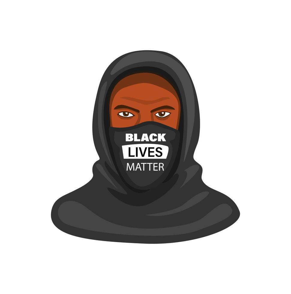 man draagt hoodie met typografie black lives matter symbool in gezichtsmasker. cartoon illustratie vector op witte achtergrond