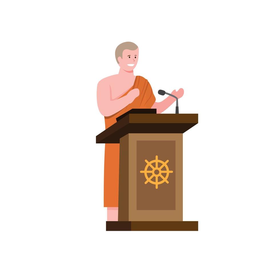 boeddhistische monnik in podiumtoespraak en voor publiek in cartoon vlakke afbeelding vector geïsoleerd op witte achtergrond