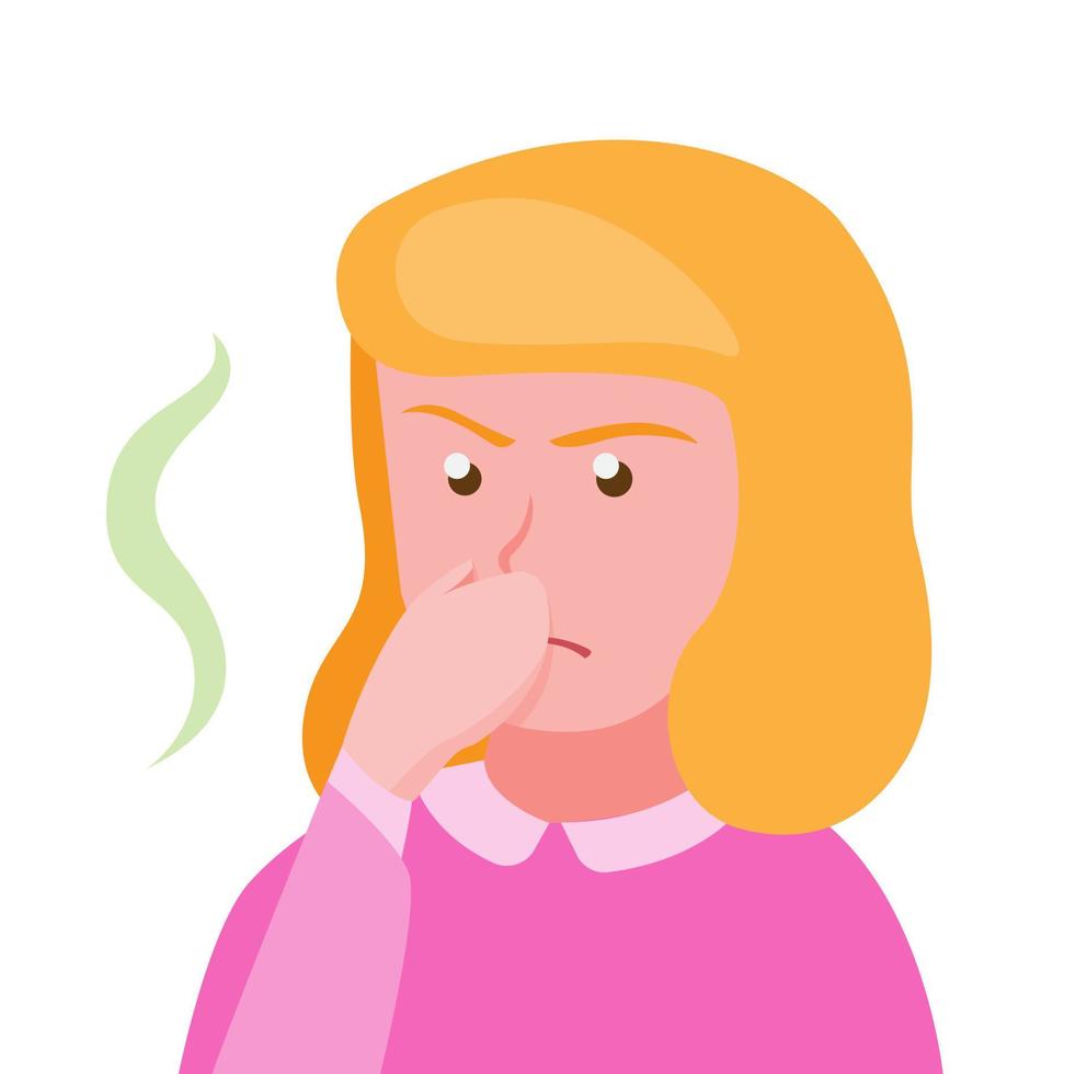 meisje sluit haar neus en voelt zich slecht vanwege de geur en luchtvervuiling door afval en sigarettenrook Cartoon vlakke afbeelding bewerkbare vector