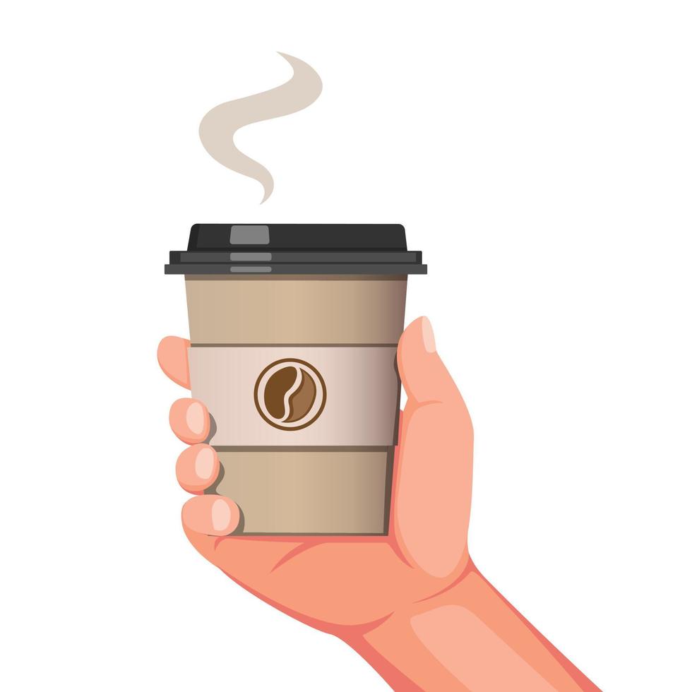 hand met wegwerp koffiekopje symbool voor koffie drinken café product in cartoon realistische illustratie vector geïsoleerd op witte achtergrond