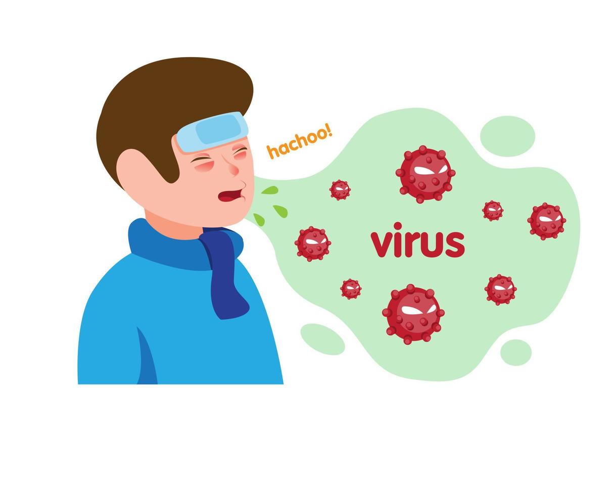 jongen zieke griep en niezen met virus in luchtsymbool. cartoon platte illustratie vector geïsoleerd op een witte achtergrond