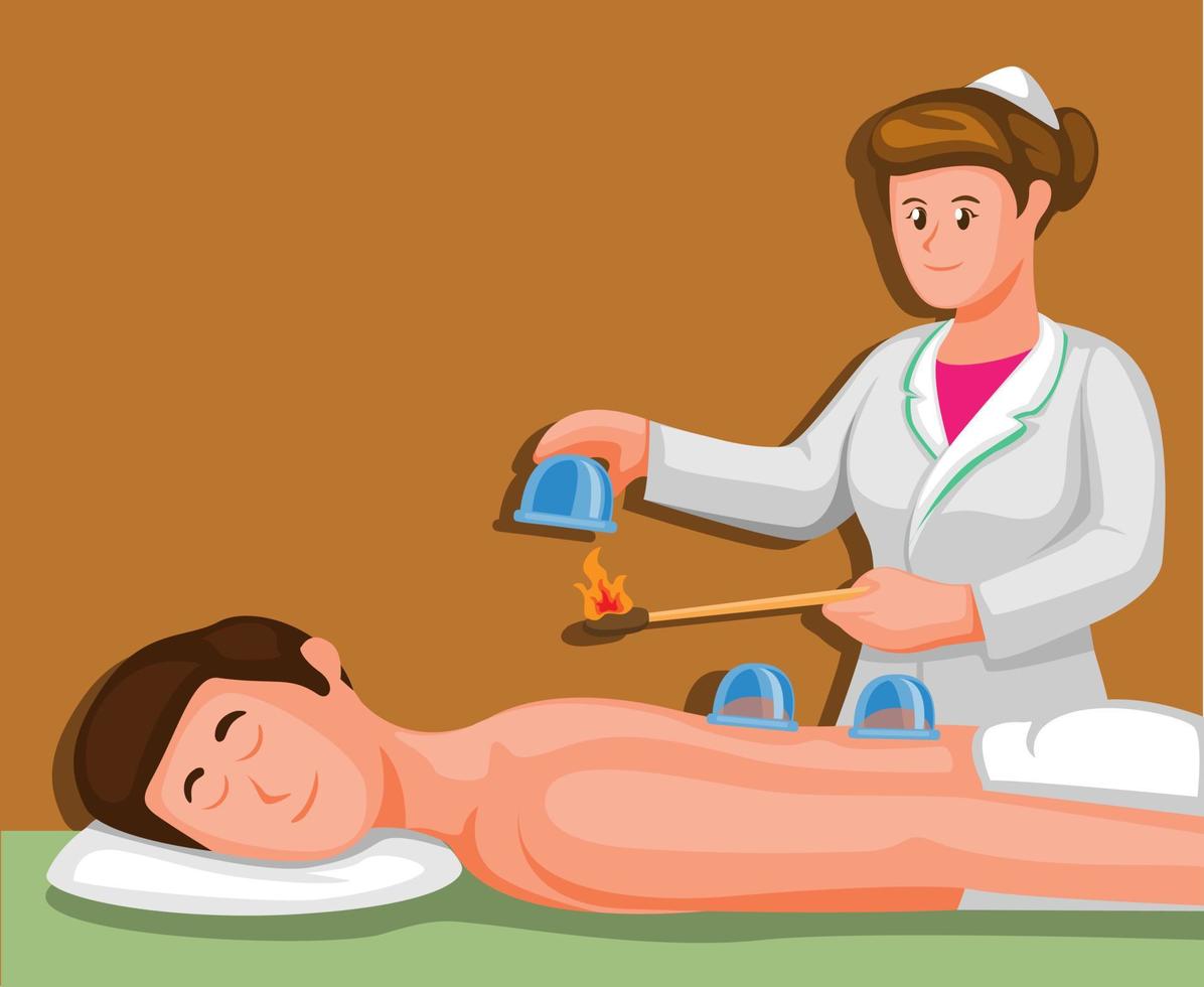 cupping traditionele therapie geneeskunde. bloed ontgifting cartoon illustratie vector