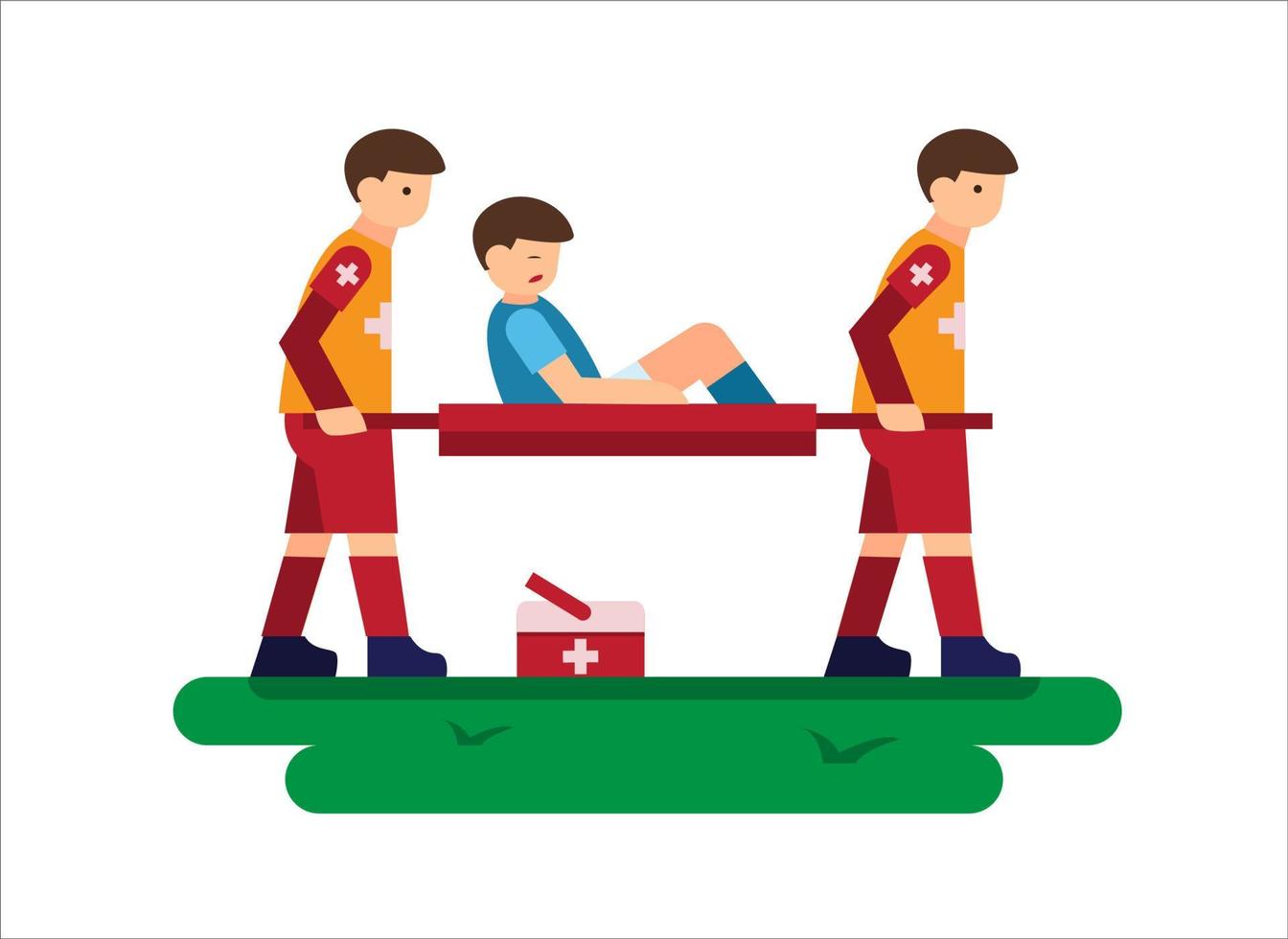 vlakke afbeelding van medisch personeel met voetbalblessure, symbool, pictogram vector