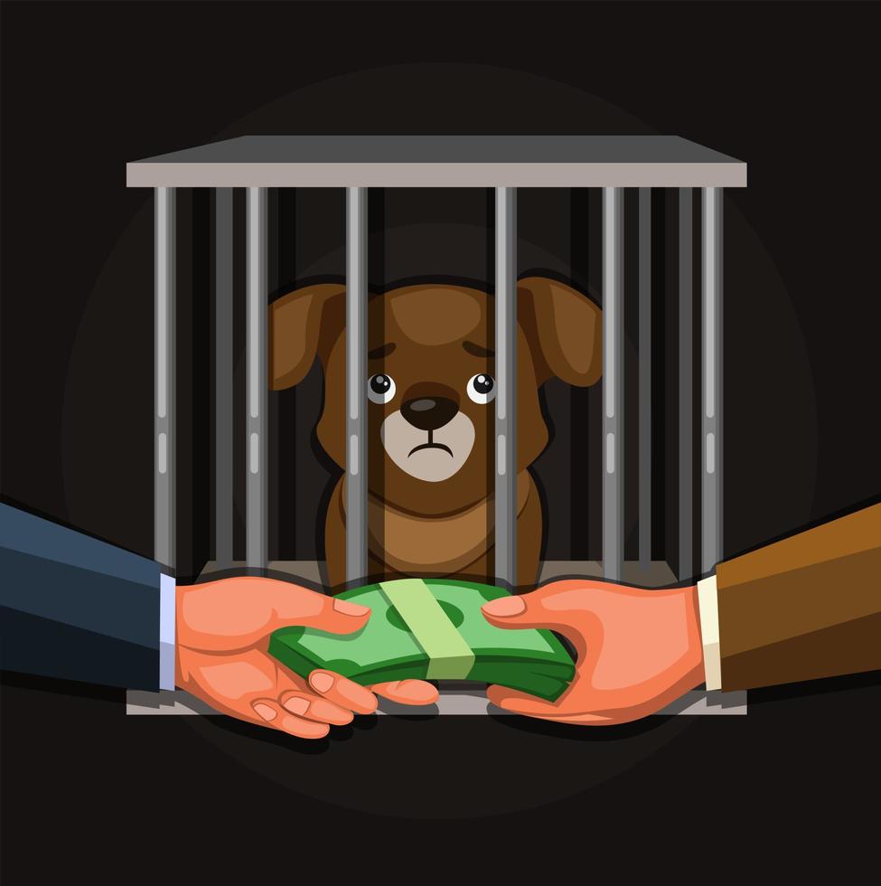 zakenman die puppy verkoopt. wildlife handel illegale activiteit illustratie concept in cartoon vector