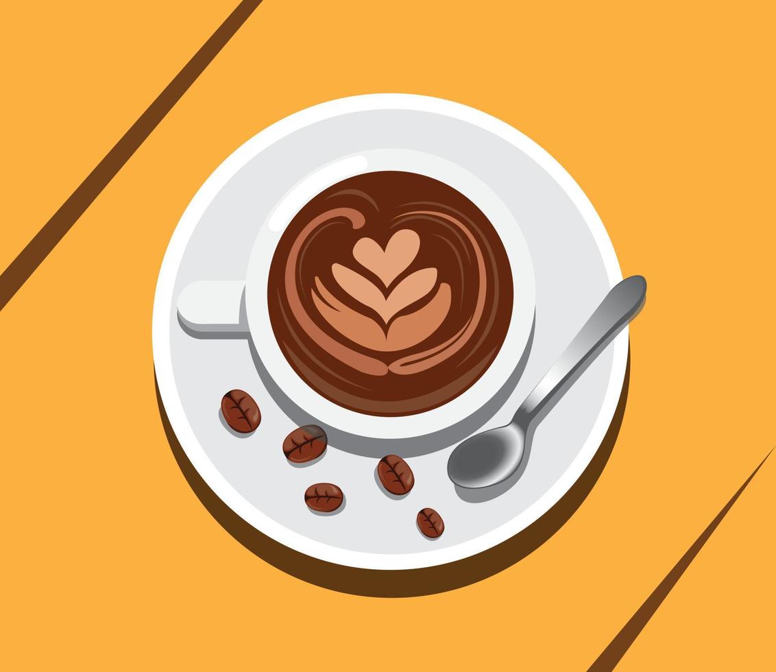 een kopje koffie latte art met koffieboon en lepel. concept illustratie vector