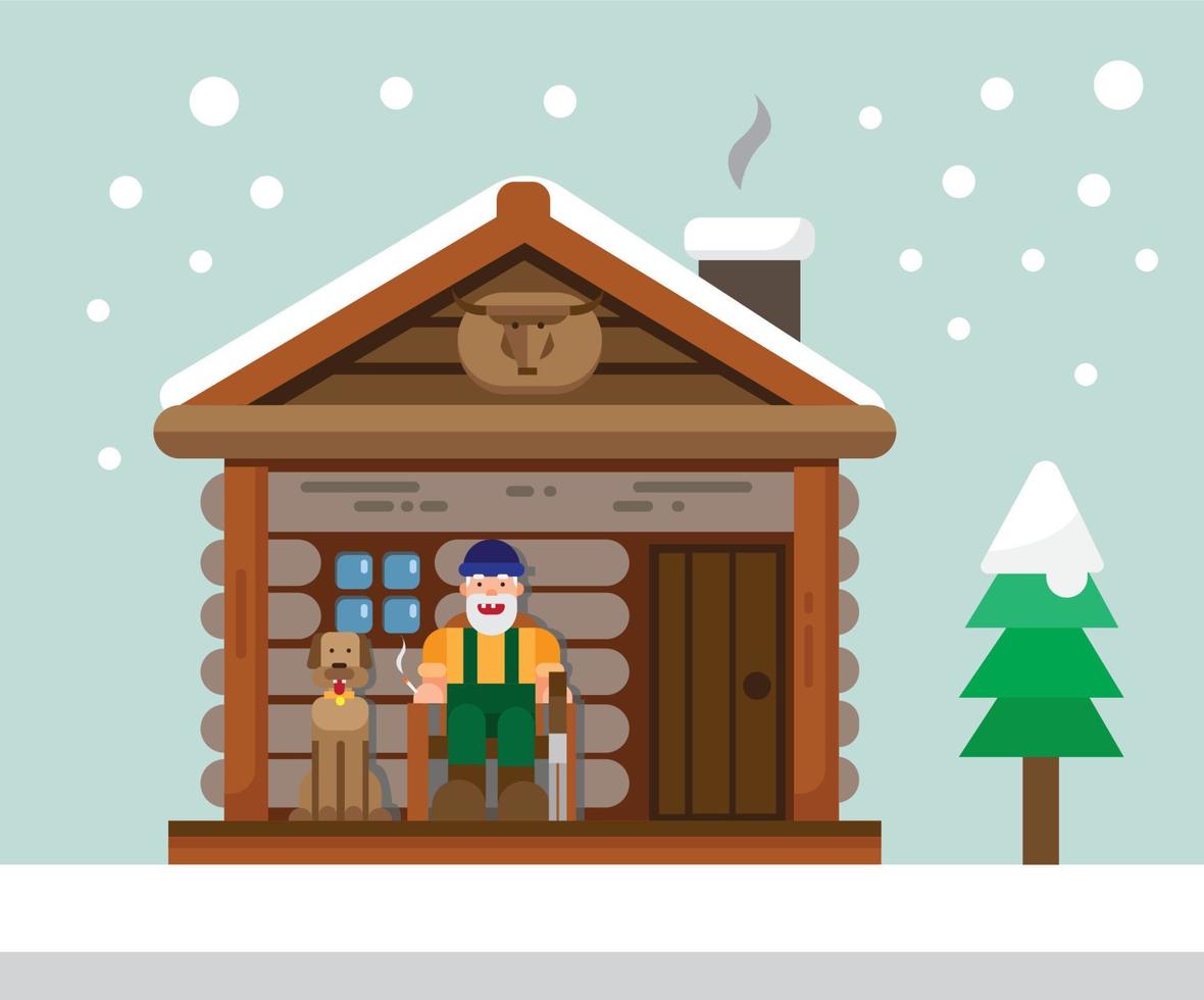 oude man met honden in veranda van houten huis winter vlakke afbeelding vector