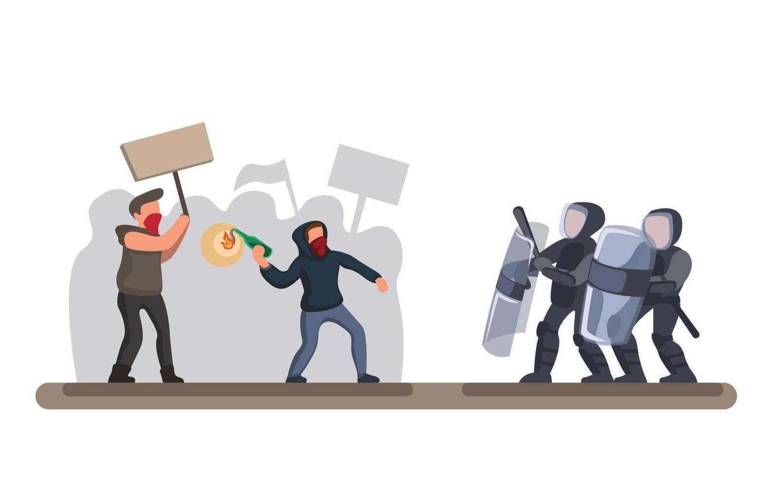 protesterende menigte tegen politie, man draagt hoodie en masker en gooit molotov naar de politie met schild en bescherming in cartoon vlakke afbeelding vector op witte achtergrond