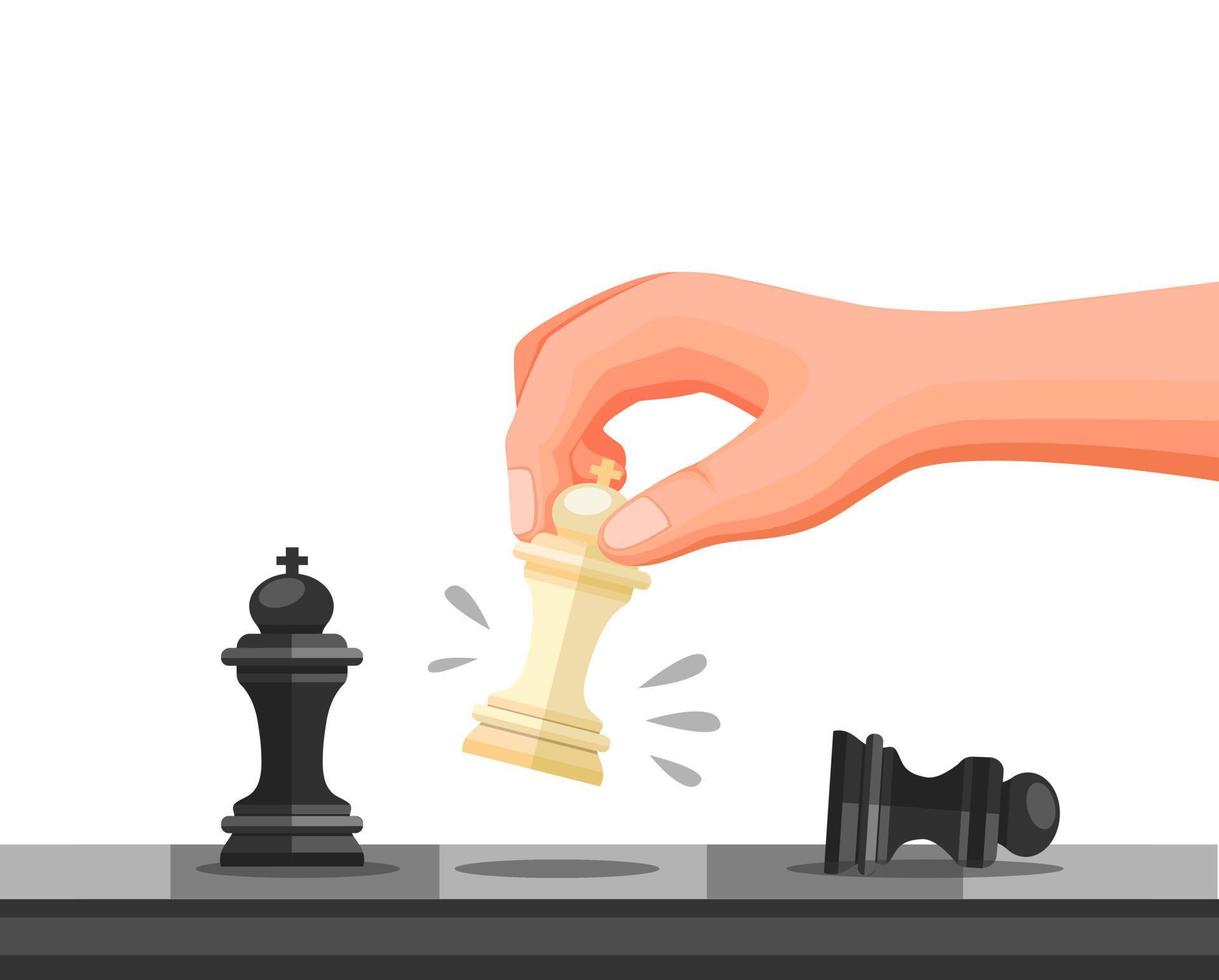 hand met schaakstuk, schaakstrategiespel schaakmat symbool. concept in cartoon illustratie vector geïsoleerd op witte achtergrond