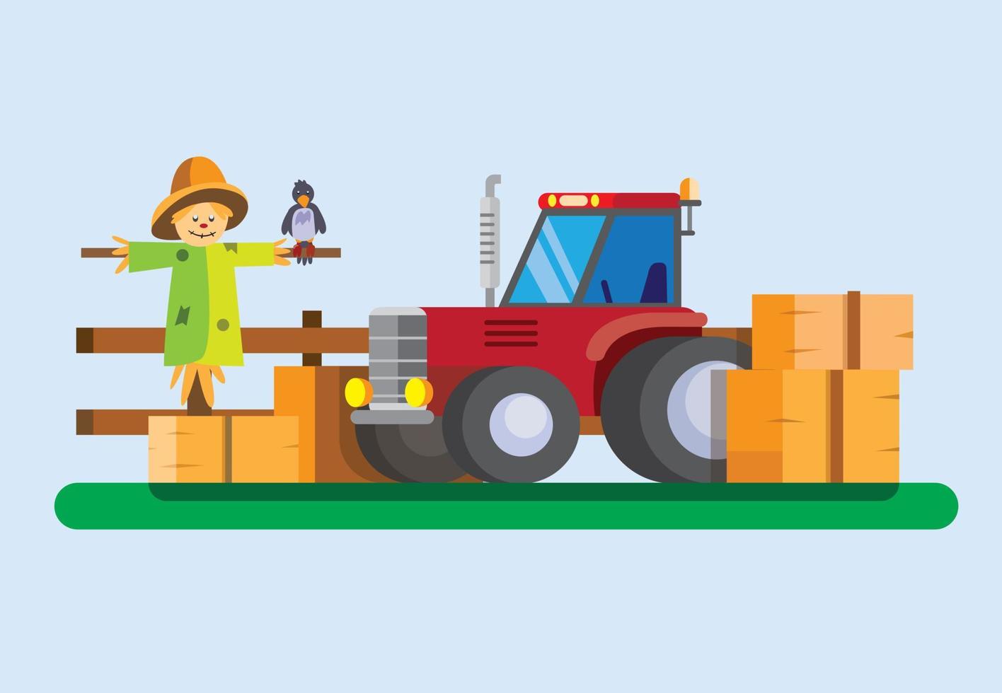 tractor, vogelverschrikker en hooiberg in boerderijdorp, oogstseizoen platte cartoon illustratie vector