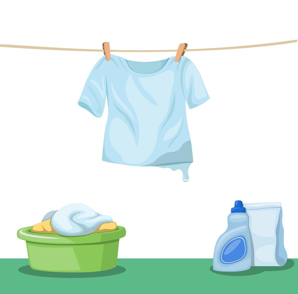 drogen van natte tshirt opknoping op waslijn met kleren emmer en schoonmaakmiddel product in vloer, wassen van kleren en Wasserij symbool in cartoon afbeelding vector op witte achtergrond