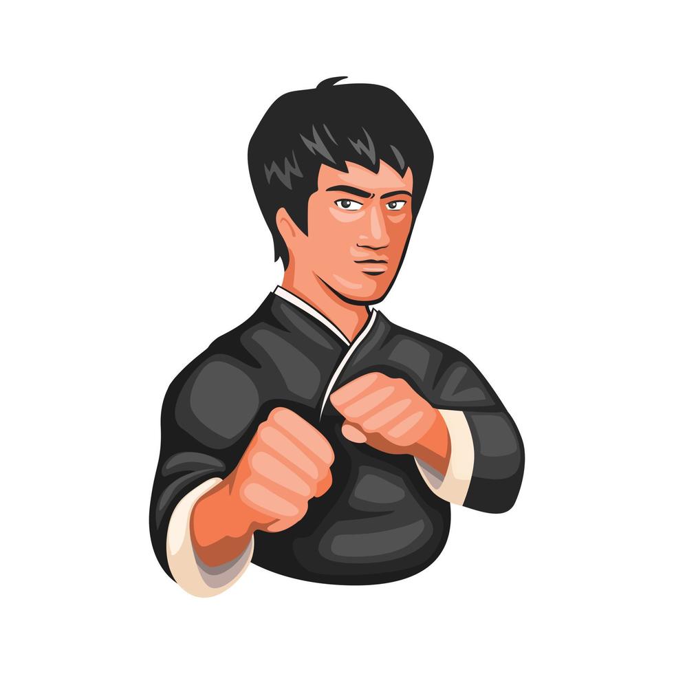 bruce lee kungfu jeet kune do martial art figther karakter in cartoon illustratie vector geïsoleerd op witte achtergrond