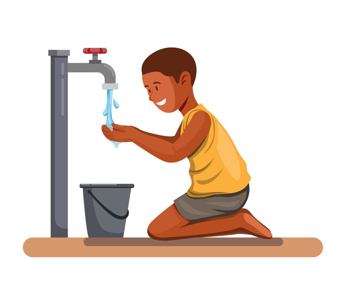 Afrikaanse jongen gelukkig drinkwater. help kind uit watercrisis in afrika symbool concept in cartoon illustratie vector op wit