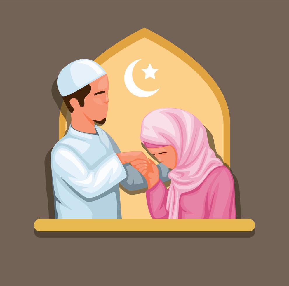 moslim familie dochter handdruk en excuses aan vader in ramadan viering illustratie cartoon vector