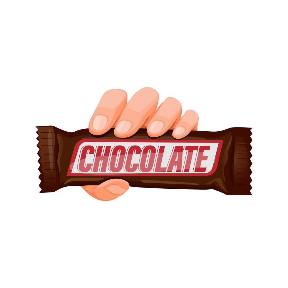 hand met chocolade snackreep in cartoon illustratie vector geïsoleerd op witte achtergrond