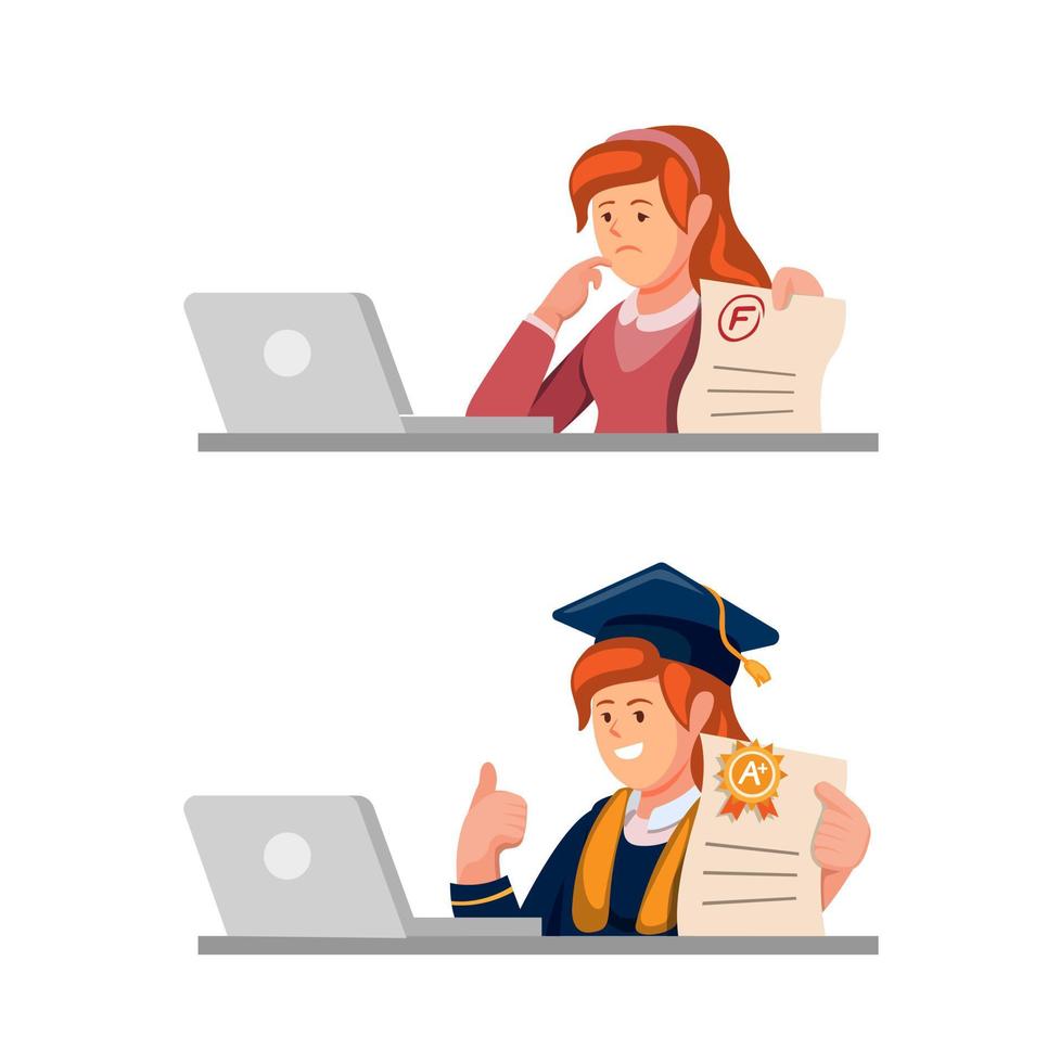 tiener jongen student leren van online cursus met papieren testresultaat concept in cartoon illustratie vector geïsoleerd op witte achtergrond