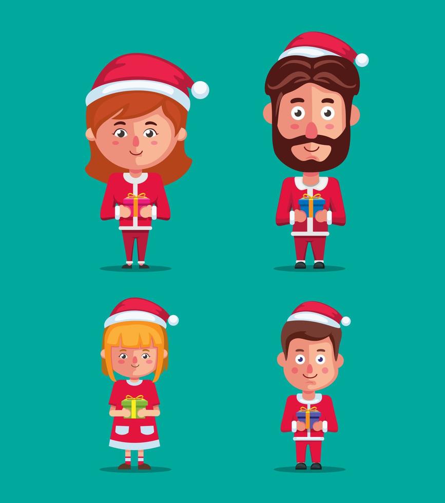 familie dragen kerstkostuum met geschenkdoos karakter set op kerst seizoen illustratie vector