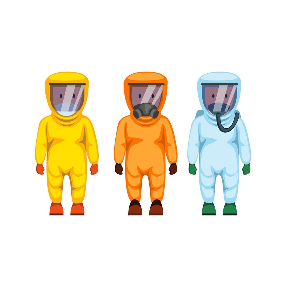 mensen dragen hazmat beschermend pak in drie variaties model en kleurencollectie in vlakke illustratie vector geïsoleerd op witte achtergrond