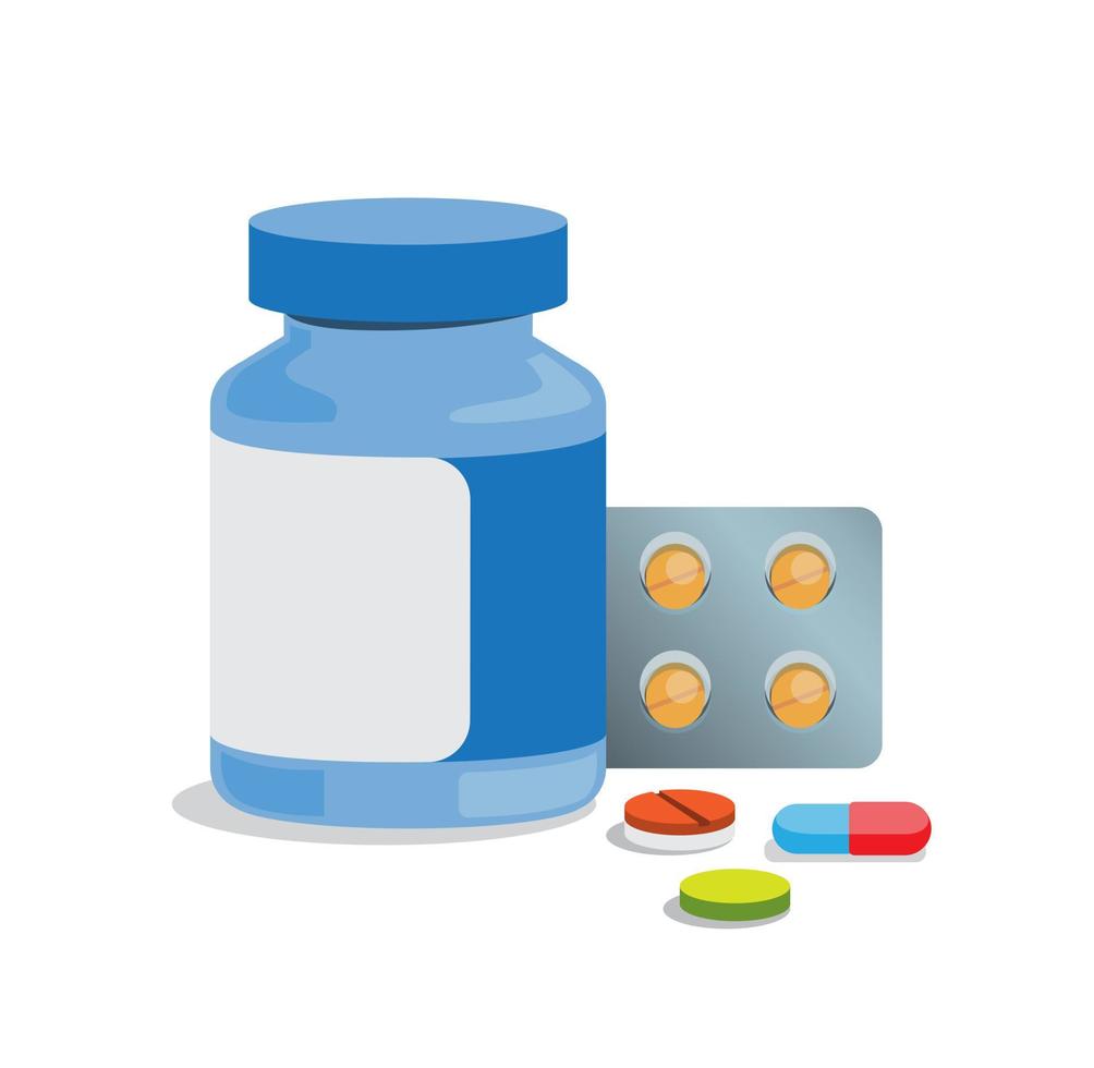 medicijnset, plastic buisfles, blisterverpakking, pillen en capsules. drug medicatie collectie cartoon realistische vlakke afbeelding vector met witte achtergrond