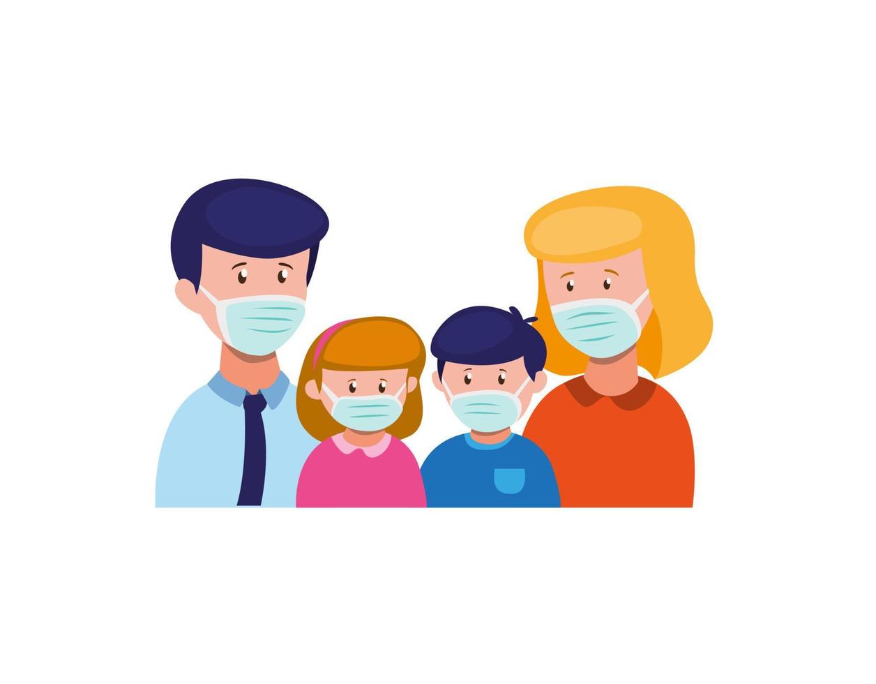 familie draagt gezichtsmasker voor bescherming tegen virusinfectie en luchtvervuiling in cartoon vlakke afbeelding vector geïsoleerd op witte achtergrond