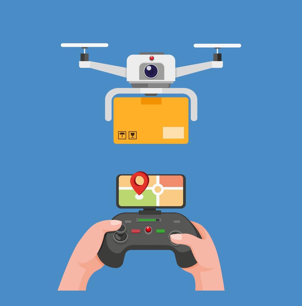drone met pakketbezorging hand met afstandsbediening om drone te besturen met monitor gps in cartoon vlakke afbeelding bewerkbare vector geïsoleerd op blauwe achtergrond