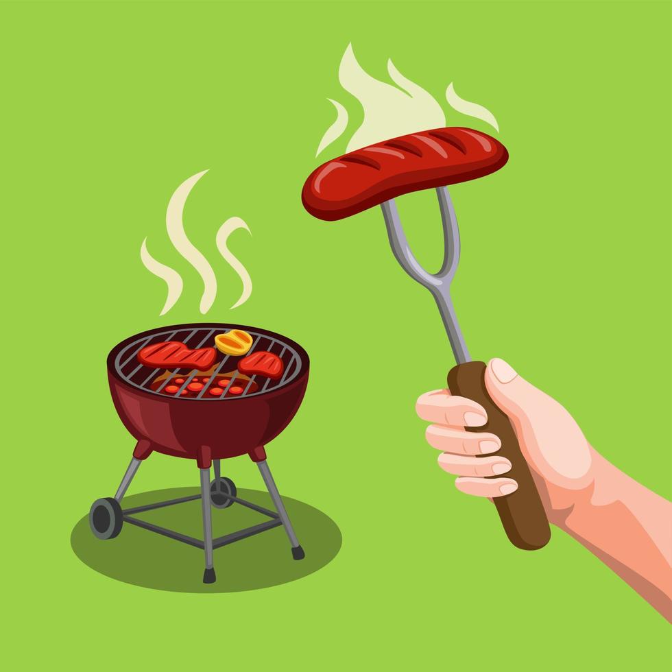 BBQ-partij steak vlees in grill en hand met vork met worst symbool concept in cartoon illustratie vector