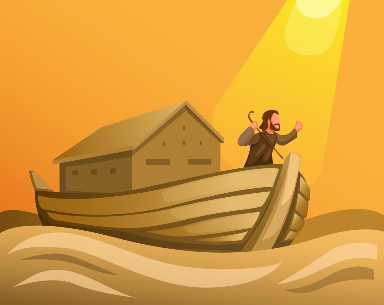 noach in ark in grote overstroming in bijbels tafereel concept in cartoon illustratie vector