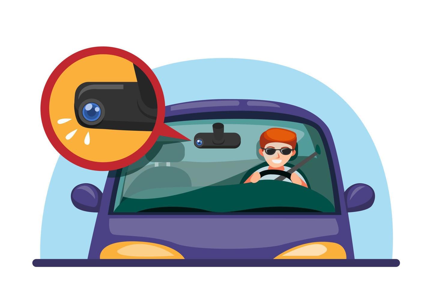 auto dashcam. man rijdende auto met spiegel dvr camera technologie symbool concept in cartoon afbeelding vector