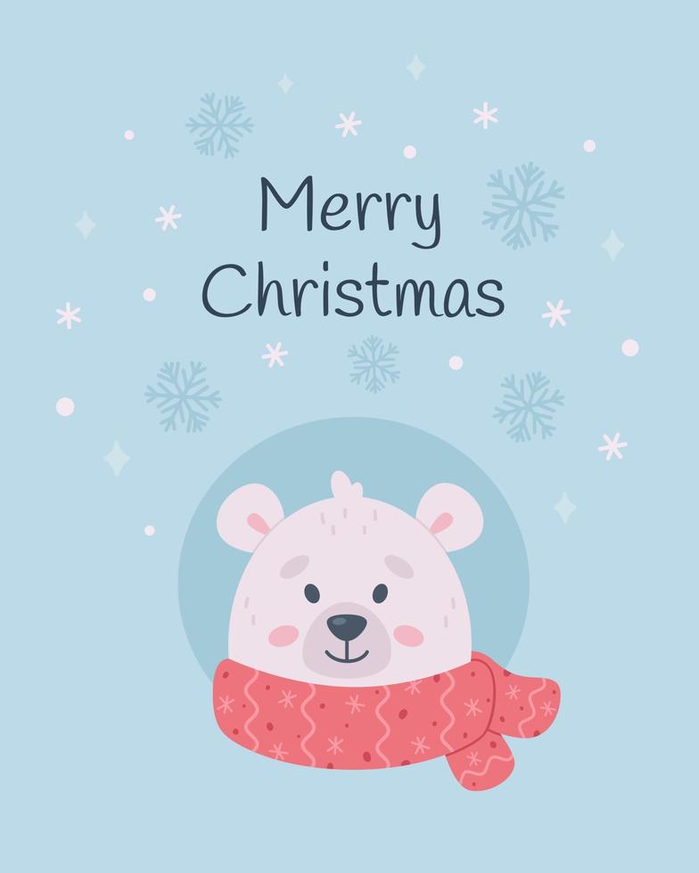 vrolijk kerstfeest wenskaart. schattige witte beer karakter met sjaal. kerst dieren vector