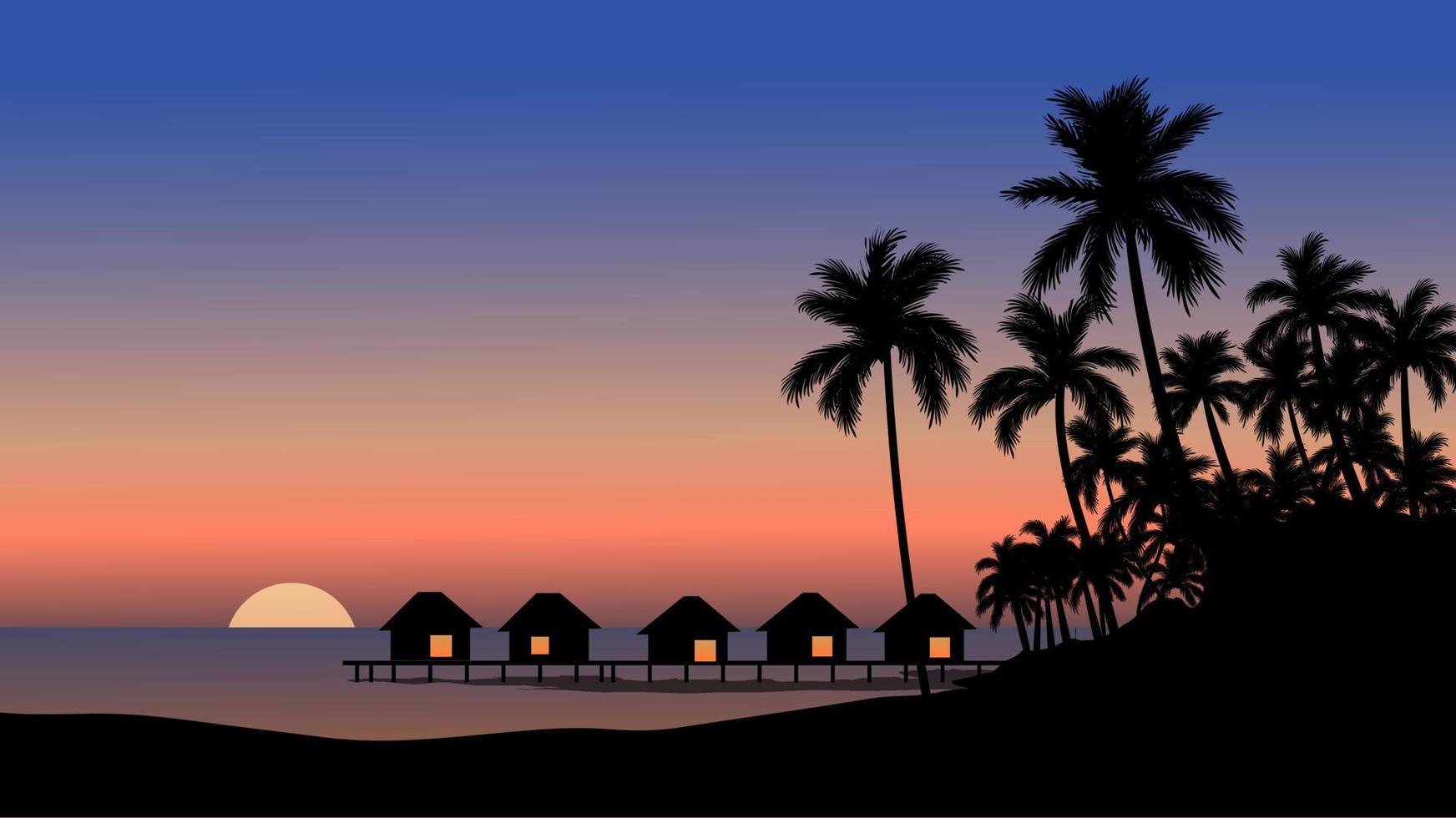 zonsondergang op tropisch strand met hutten of bungalows vector