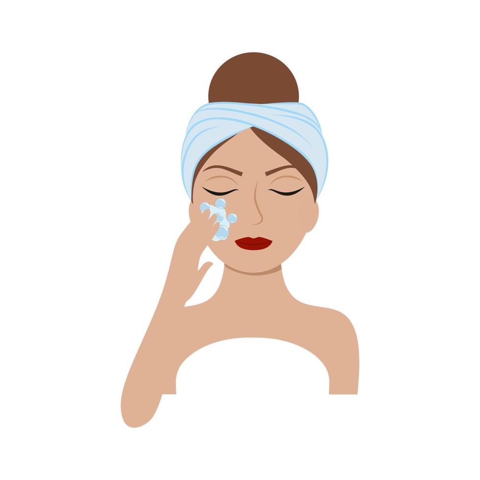 een vrouw met een handdoek op haar hoofd wast zich met water. pictogram voor het logo van een schoonheidssalon, cosmetologie, cosmetica-instructies, spa. cartoon platte vectorillustraties. verpakkingsontwerp voor cosmetica. vector