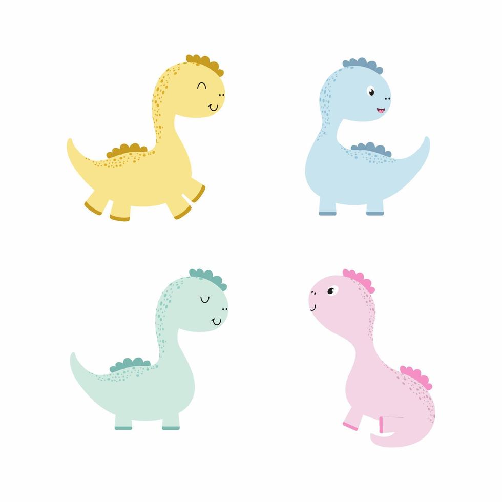 set van schattige dinosaurussen. dinosaurussen voor kinderen. cartoon vectorillustratie in aquarel kleur. tekeningen om op kleding te bedrukken, verjaardagsdecoratie, ansichtkaarten, boeken over dinosaurussen en draken. vector