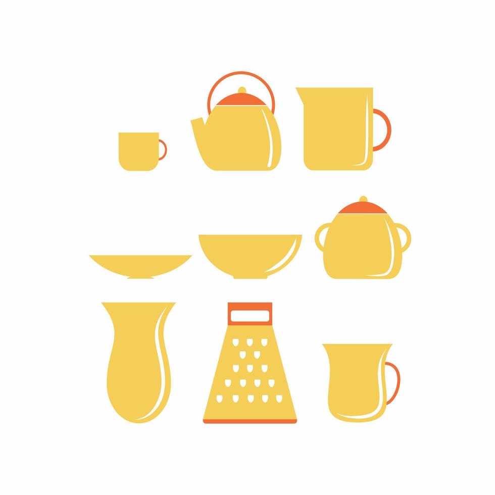een set geel keukengerei en huishoudelijke artikelen. een glas, een waterkoker, een kom voor thee. platte vectorillustratie. clipart over het onderwerp koken. pictogrammen voor cafés, restaurants, bars en keukens. vector