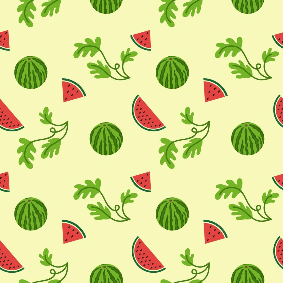 nationale watermeloendag in de Verenigde Staten. naadloze eindeloze achtergrond en patroon met watermeloen, schijfje watermeloen en zaden. textielontwerp, maatwerk, stoffen of papieren verpakkingen. vector