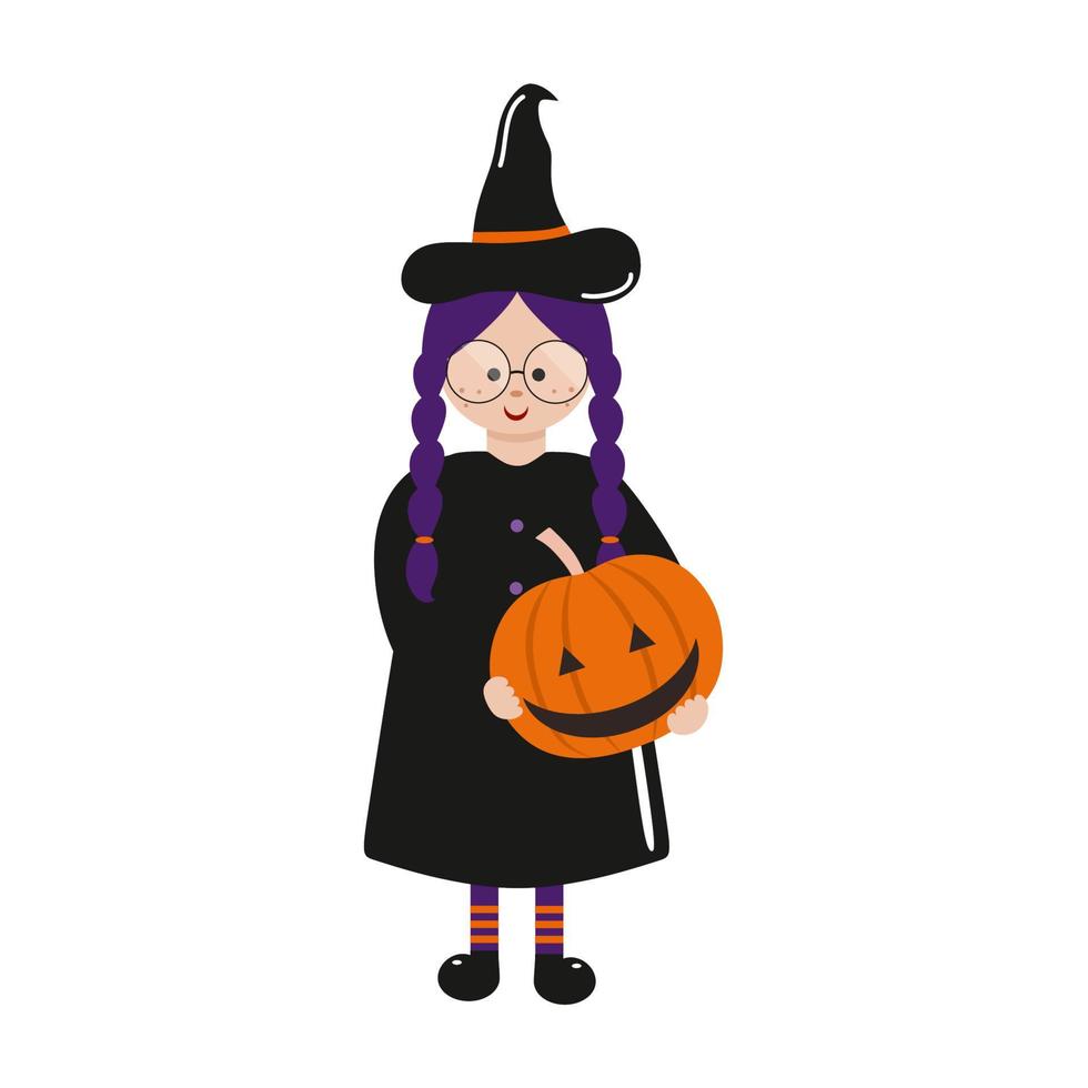 een grappig klein meisje in een heksenkostuum en hoed houdt een enge Halloween-pompoen in haar handen. vakantie van geesten en vampieren. kinder cartoon grappige vectorillustratie. tekening voor uitnodiging vector