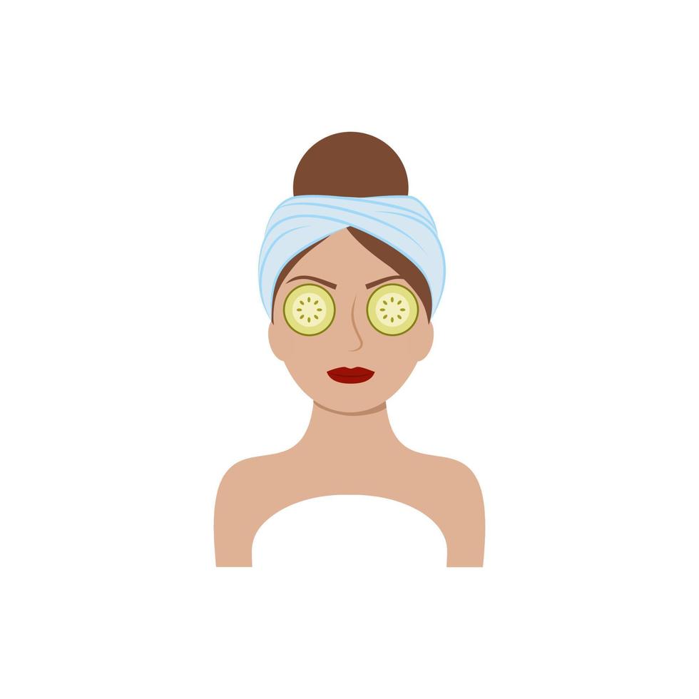 het gezicht van een mooi meisje met een handdoek op haar hoofd en komkommers in haar ogen. huid, lichaam, gezicht en ooggezondheid. vectorillustratie van een cartoon. schoonheidsspecialiste diensten, schoonheidssalon, vector