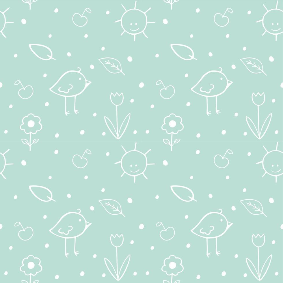 naadloos kinderpatroon met cartoon doodle vogels, bloemen, zon, bladeren. creatieve groene contourtextuur voor kinderen voor stof, verpakking, textiel, behang, kleding. vector illustratie