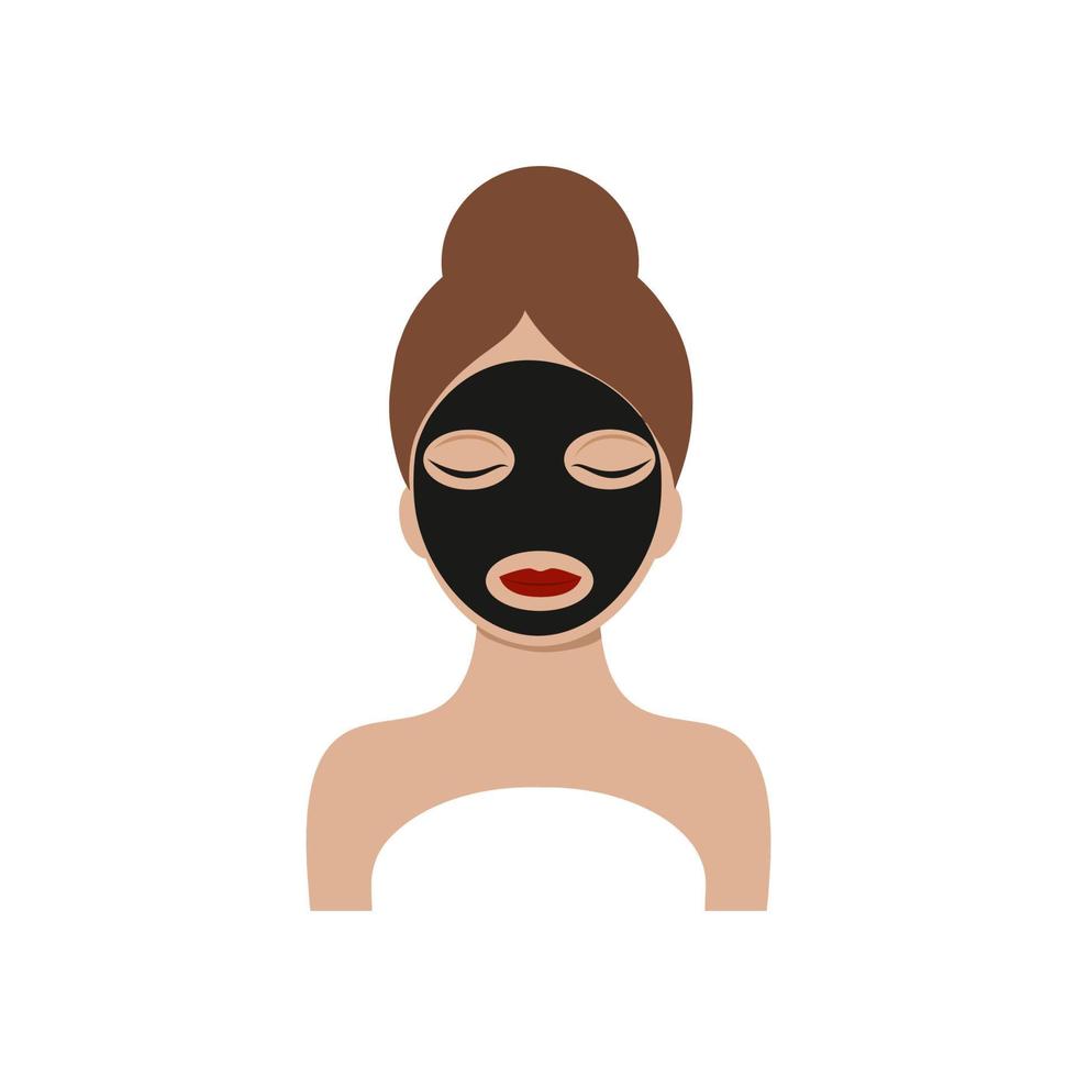 een mooi meisje met een handdoektulband op haar hoofd en een zwart masker op haar gezicht. logo van een schoonheidssalon, medisch centrum, cosmetologie. vector gestileerde platte afbeelding