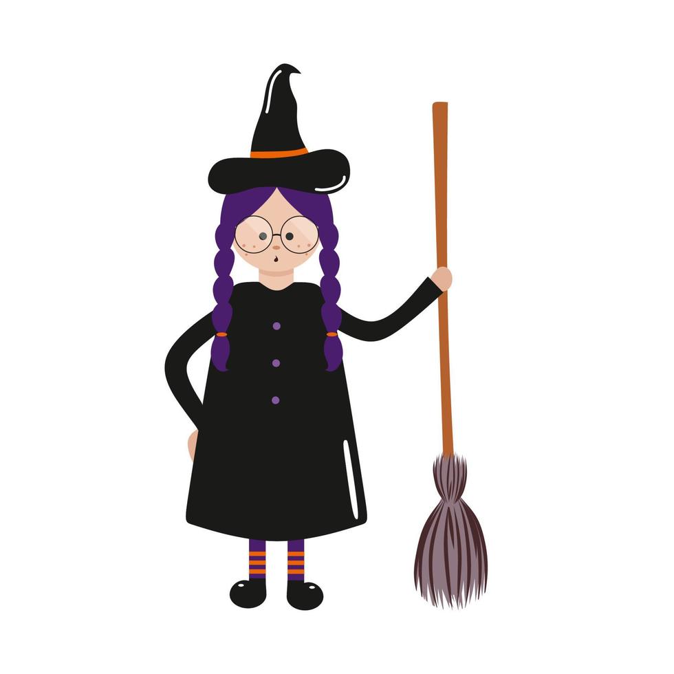 een mooie zwart-paarse heks houdt een vliegende bezem vast. illustratie voor de halloween-vakantie, geïsoleerd op een witte achtergrond. magie en tovenarij. vector tekening van een cartoon