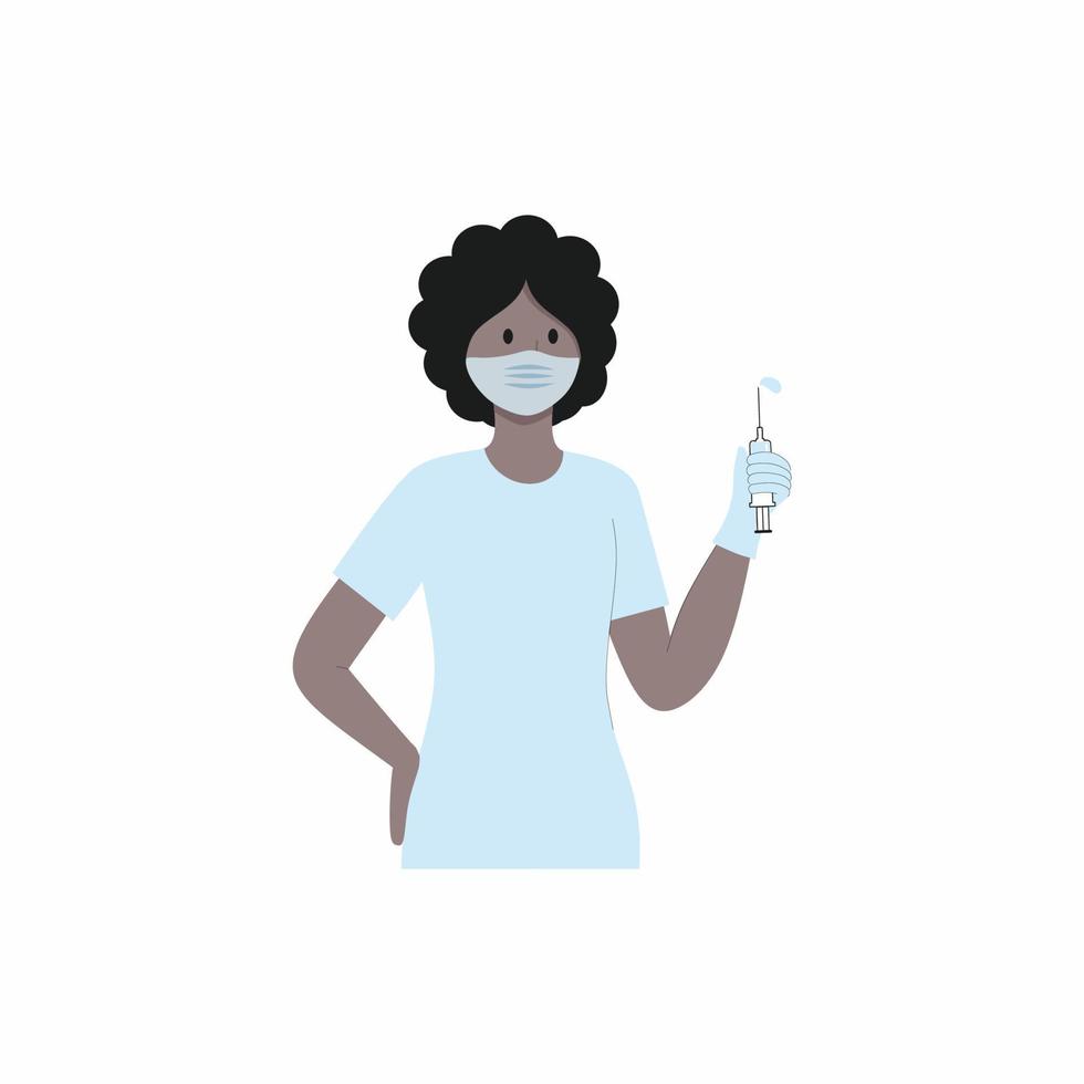 zwarte afro-amerikaanse vrouwelijke arts met een vaccin tegen een virus, tot het verschijnen van het coronavirus. verpleegster, medisch officier en arts geïsoleerd op een witte achtergrond. platte vectorillustratie. vector