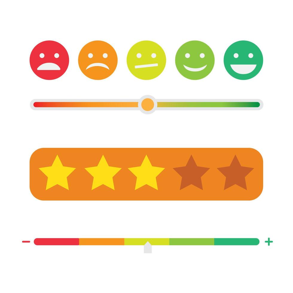 beoordeling tevredenheid emoticon, bar en sterren, feedback beoordeling in de vorm van emoties icon set illustratie bewerkbare vector