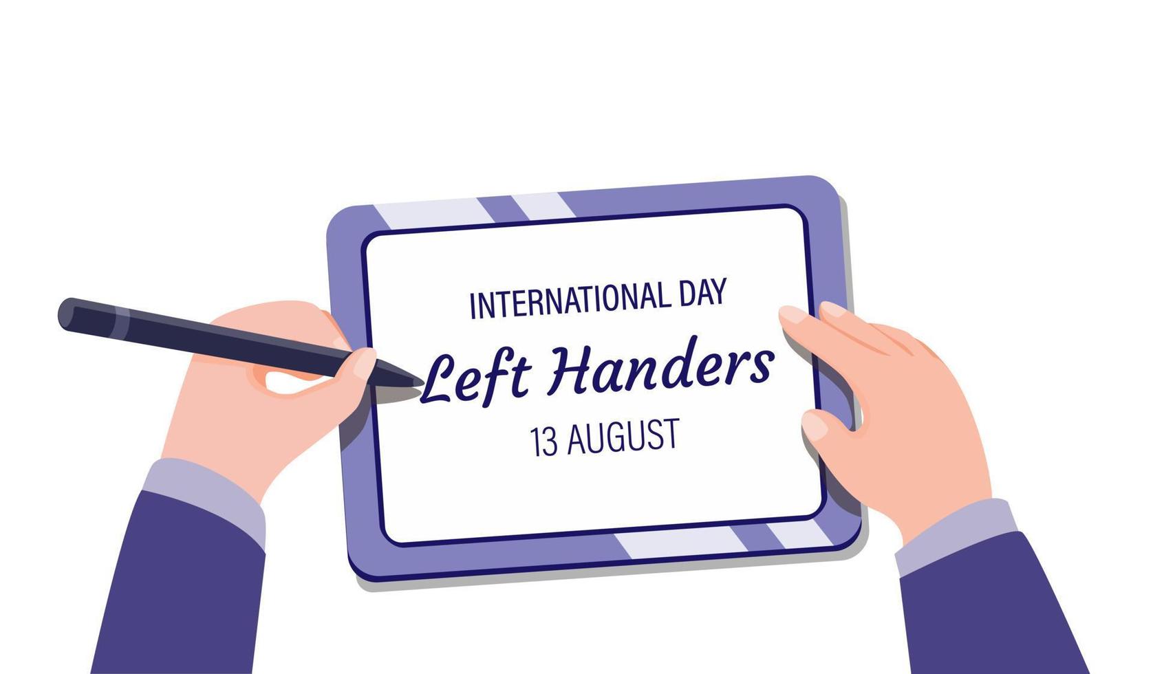 linkshandige internationale dag - 13 augustus, handschrift in tabletconceptillustratie in cartoon platte vector geïsoleerd op witte achtergrond