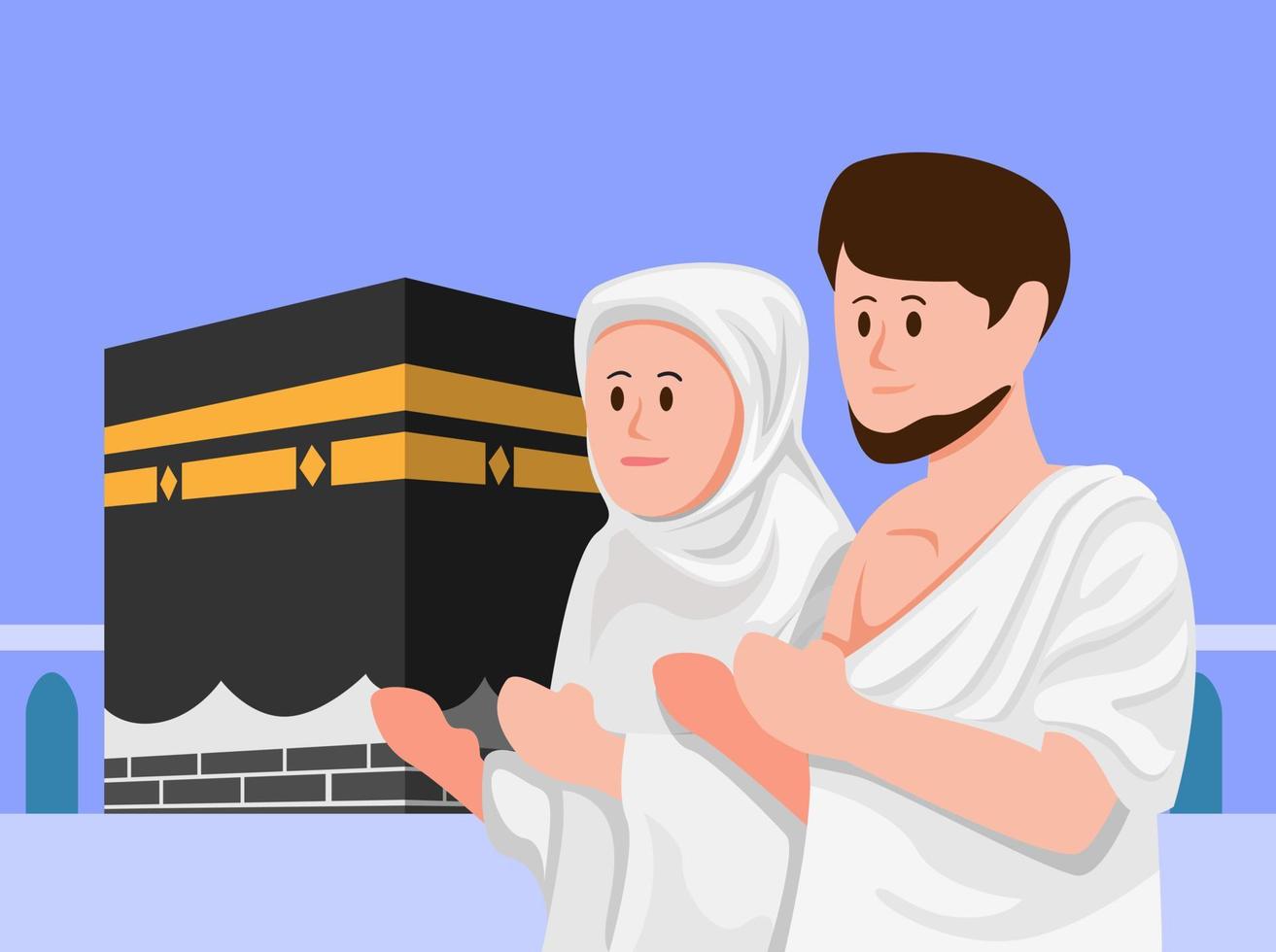 moslim mensen bidden voor kaba, hadj en umrah evenement viering islam religie in cartoon afbeelding vector